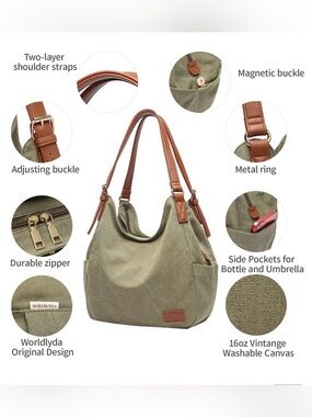 Worldlyda Army Green Canvas Multi-Pocket Hobo Shoulder Bag.